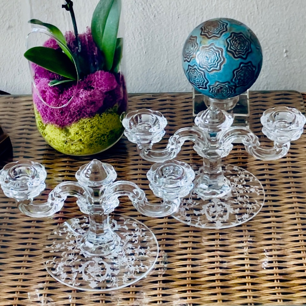 Pair of Fostoria Depression Glass Candleholders